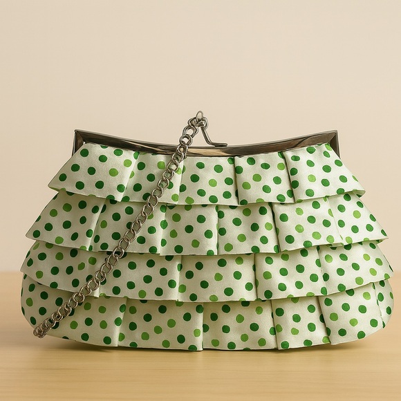 Green Polka Dot Ruffled Clutch Purse with Chain Strap